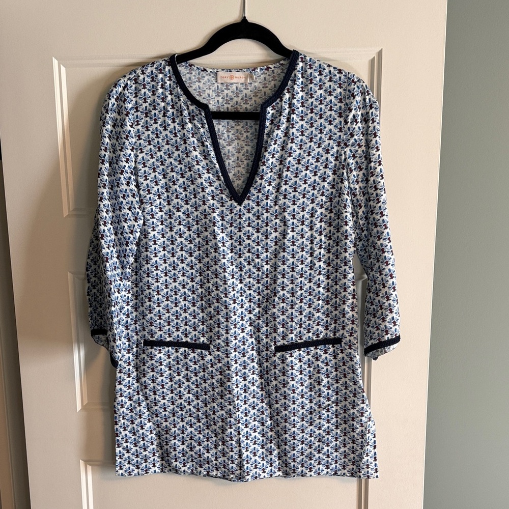 Tory Burch Navy and White Geometric Blouse